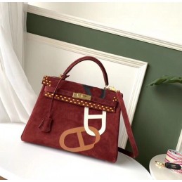 Replica Hermes Burgundy Kelly 32 Studded Print Bag