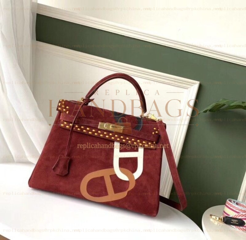 Replica Hermes Burgundy Kelly 32 Studded Print Bag