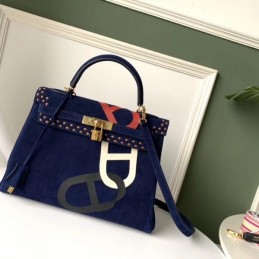 Replica Hermes Navy Blue Kelly 32 Logo Print Bag
