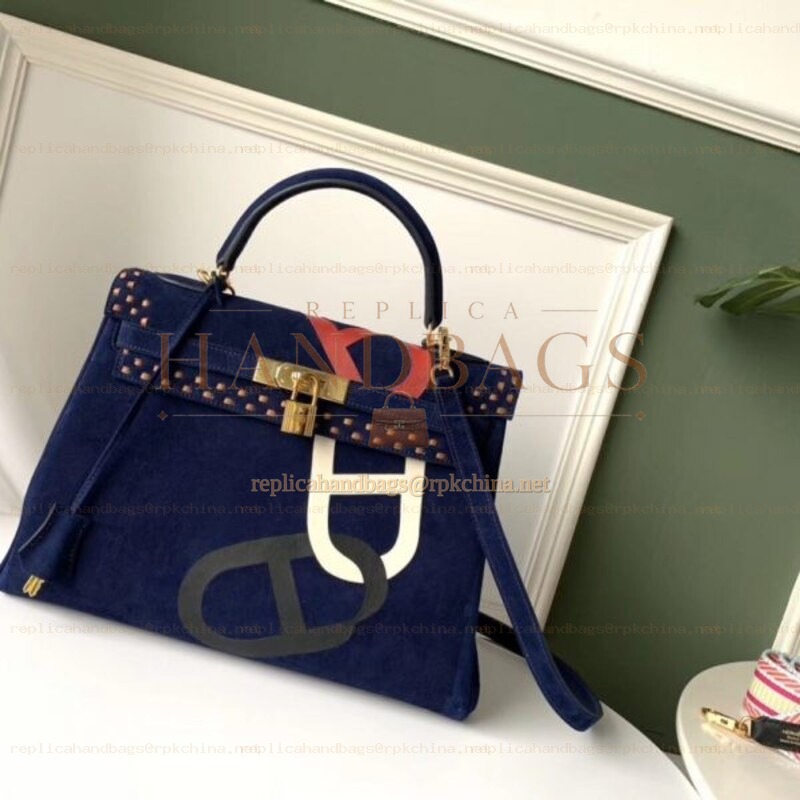 Replica Hermes Navy Blue Kelly 32 Logo Print Bag