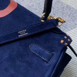 Replica Hermes Navy Blue Kelly 32 Logo Print Bag