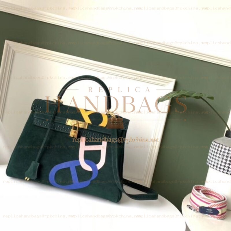 Replica Hermes Dark Green Kelly 32 Logo Print Bag