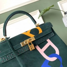 Replica Hermes Dark Green Kelly 32 Logo Print Bag