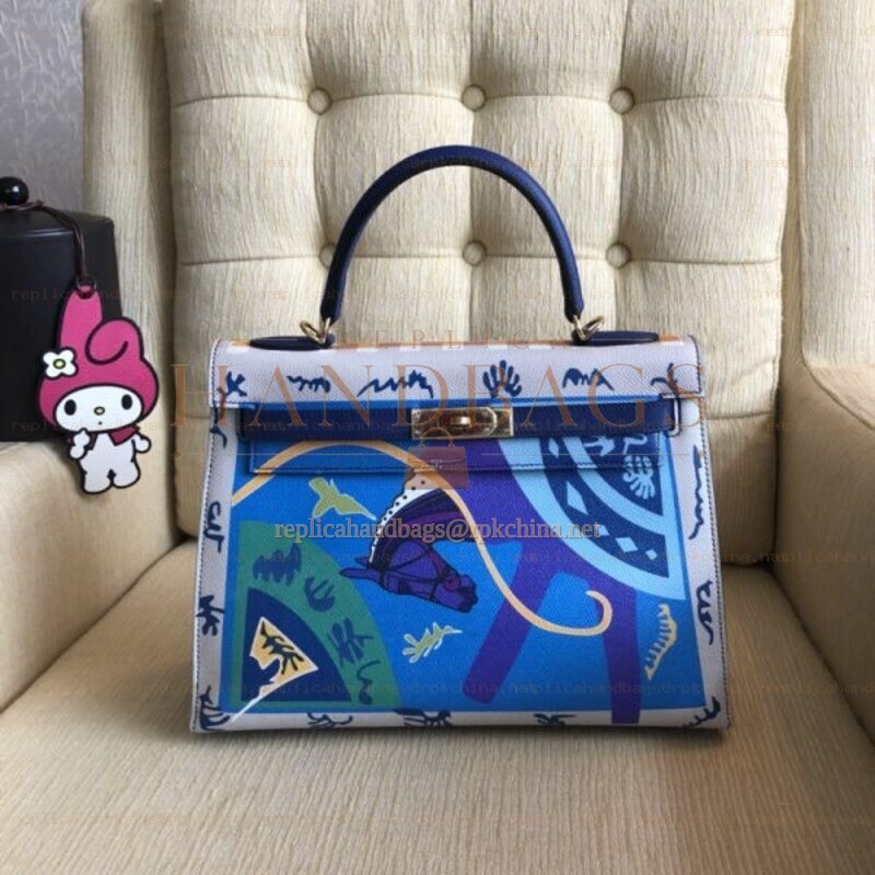 Replica Hermes Blue Kelly 32 Scarf Print Bag