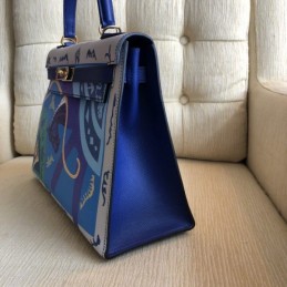 Replica Hermes Blue Kelly 32 Scarf Print Bag