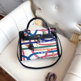 Replica Hermes Black Multicolor Print Kelly 32 Bag