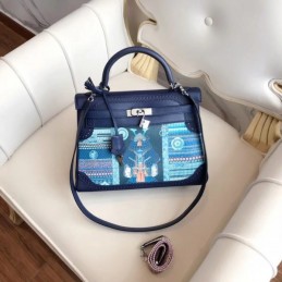 Replica Hermes Navy Blue Print Kelly 32 Bag