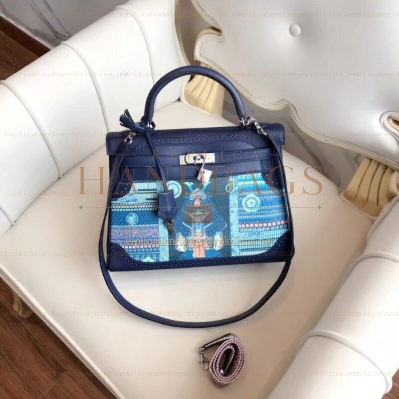 Replica Hermes Navy Blue Print Kelly 32 Bag