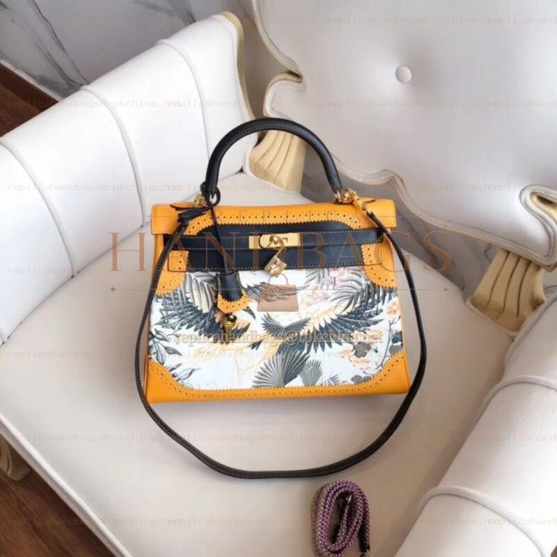 Replica Hermes Yellow Multicolor Print Kelly 32 Bag