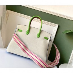 Replica Hermes White Green Birkin 35 Charm Strap Bag