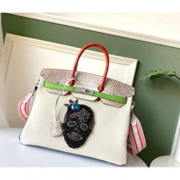 Replica Hermes White Green Birkin 35 Charm Strap Bag