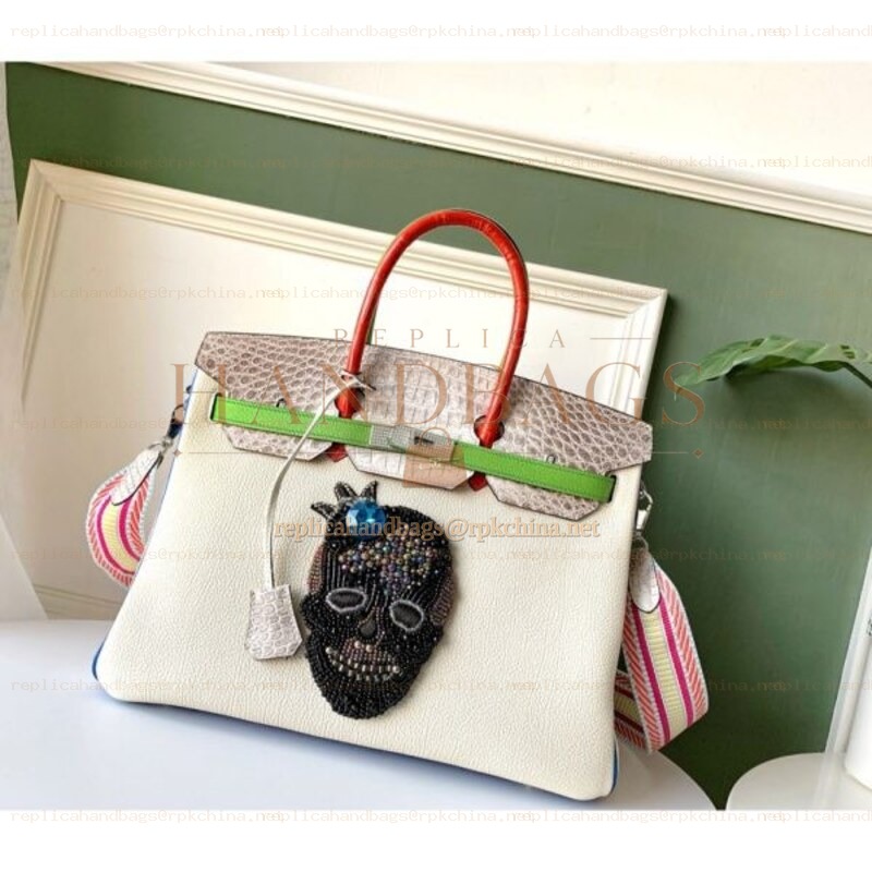 Replica Hermes White Green Birkin 35 Charm Strap Bag