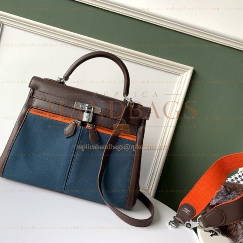 Replica Hermes Blue Brown Colorblock Kelly 32 Bag