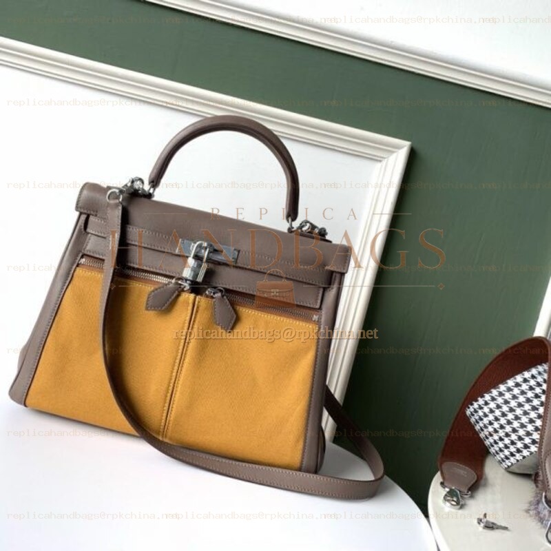 Replica Hermes Yellow Brown Colorblock Kelly 32 Bag