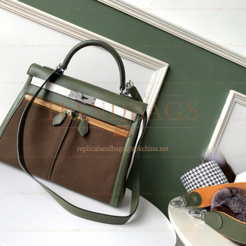 Replica Hermes Brown Green Colorblock Kelly 32 Bag