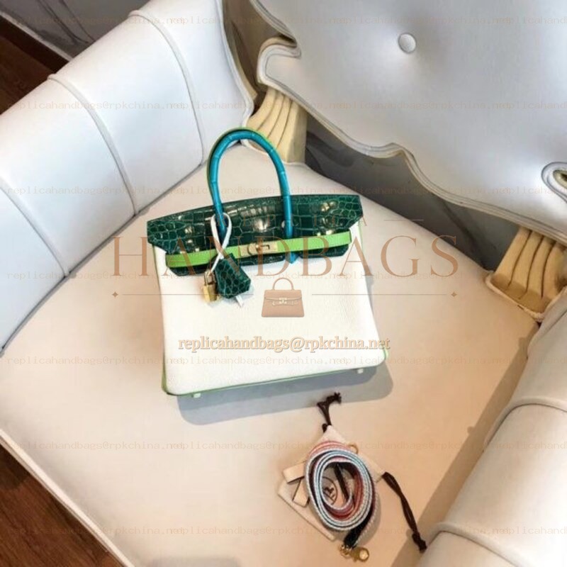 Replica Hermes White Green Kelly 25 Crocodile Leather Bag