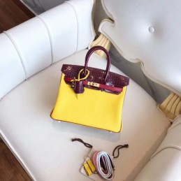 Replica Hermes Yellow Burgundy Kelly 25 Crocodile Leather Bag