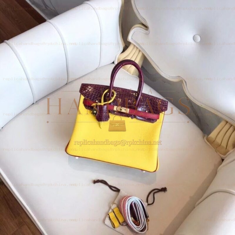 Replica Hermes Yellow Burgundy Kelly 25 Crocodile Leather Bag