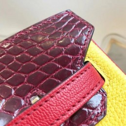 Replica Hermes Yellow Burgundy Kelly 25 Crocodile Leather Bag