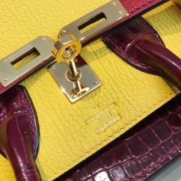 Replica Hermes Yellow Burgundy Kelly 25 Crocodile Leather Bag