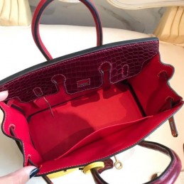 Replica Hermes Yellow Burgundy Kelly 25 Crocodile Leather Bag