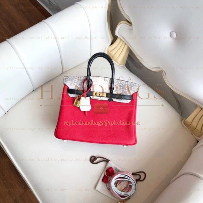 Replica Hermes Red Black Kelly 25 Crocodile Leather Bag