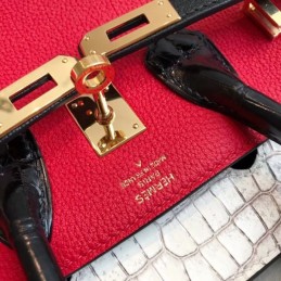 Replica Hermes Red Black Kelly 25 Crocodile Leather Bag
