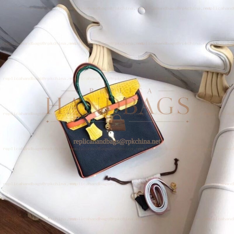 Replica Hermes Black Yellow Kelly 25 Crocodile Leather Bag