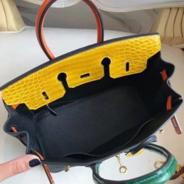 Replica Hermes Black Yellow Kelly 25 Crocodile Leather Bag