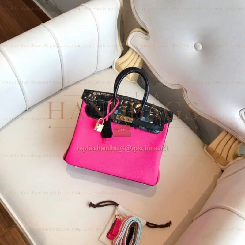 Replica Hermes Pink Black Kelly 25 Crocodile Leather Bag