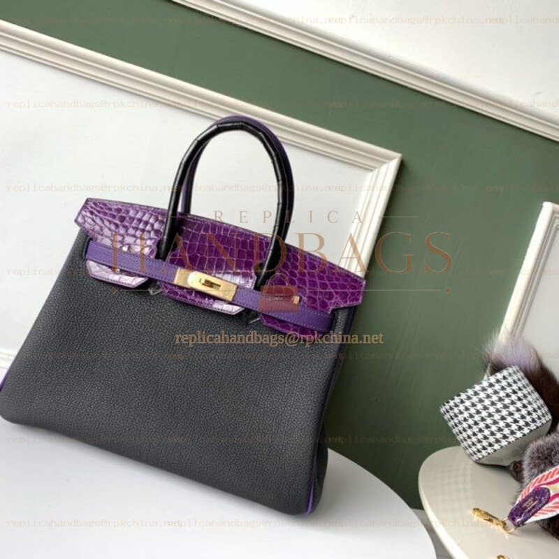 Replica Hermes Black Purple Crocodile Leather Birkin 30 Bag