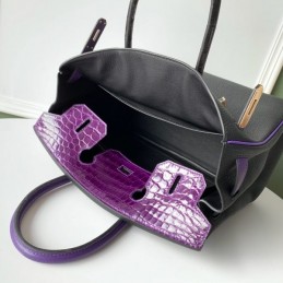 Replica Hermes Black Purple Crocodile Leather Birkin 30 Bag