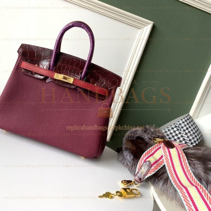Replica Hermes Burgundy Crocodile Leather Birkin 25 Bag