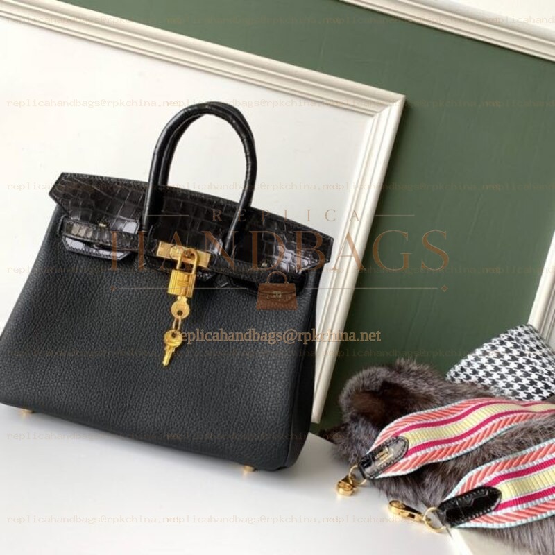 Replica Hermes Black Crocodile Leather Birkin 25 Bag