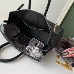 Replica Hermes Black Crocodile Leather Birkin 25 Bag