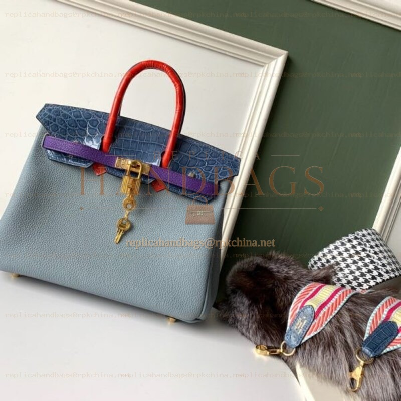 Replica Hermes Gray Blue Crocodile Leather Birkin 25 Bag