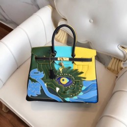 Replica Hermes Green Yellow Dragon Print Birkin 30 Bag