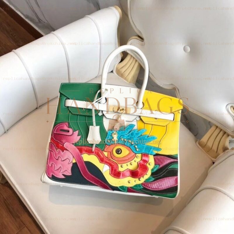 Replica Hermes White Dragon Print Birkin 30 Bag