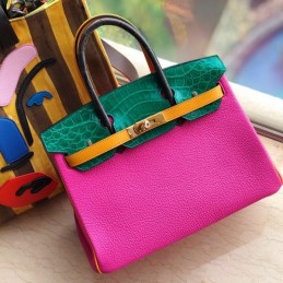 Replica Hermes Pink Green Crocodile Leather Birkin 30 Bag