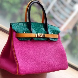 Replica Hermes Pink Green Crocodile Leather Birkin 30 Bag