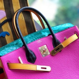 Replica Hermes Pink Green Crocodile Leather Birkin 30 Bag