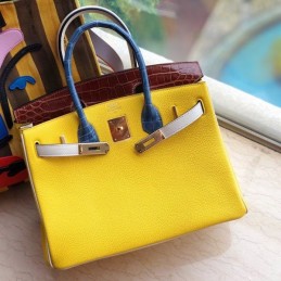 Replica Hermes Yellow Burgundy Crocodile Leather Birkin 30 Bag