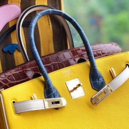 Replica Hermes Yellow Burgundy Crocodile Leather Birkin 30 Bag