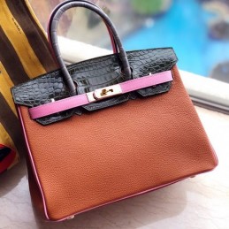 Replica Hermes Brown Pink Crocodile Leather Birkin 30 Bag