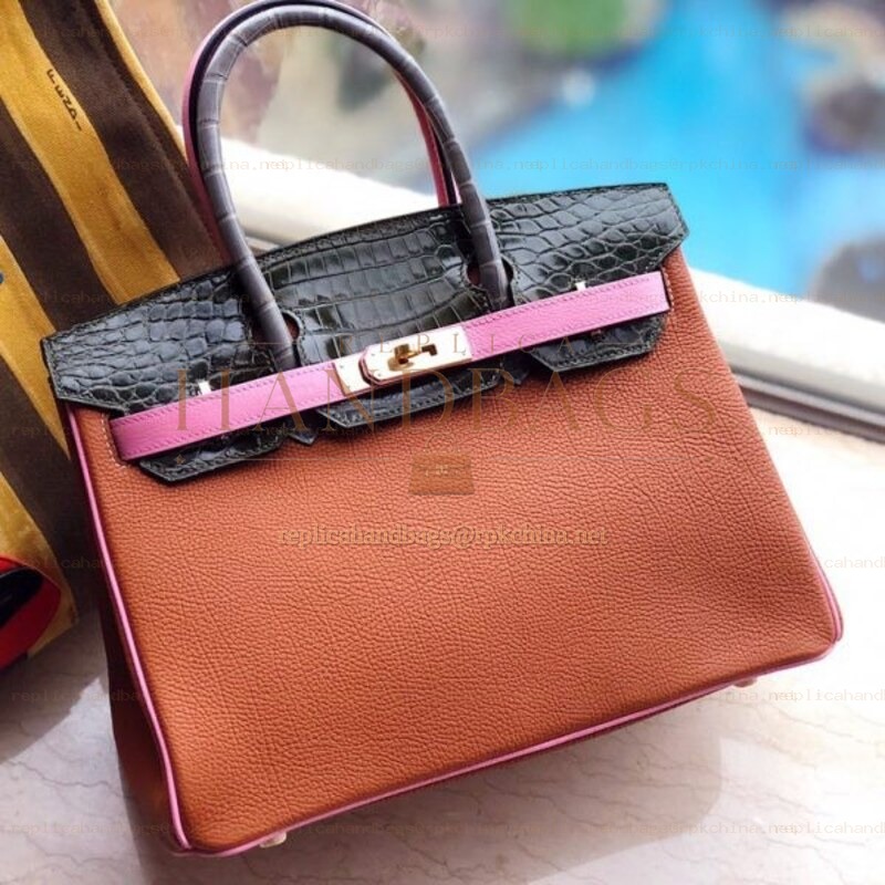 Replica Hermes Brown Pink Crocodile Leather Birkin 30 Bag