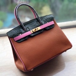 Replica Hermes Brown Pink Crocodile Leather Birkin 30 Bag