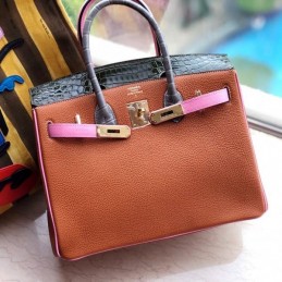 Replica Hermes Brown Pink Crocodile Leather Birkin 30 Bag
