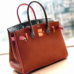 Replica Hermes Brown Pink Crocodile Leather Birkin 30 Bag