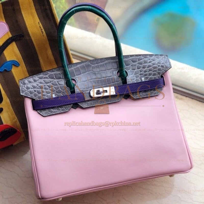 Replica Hermes Pink Gray Crocodile Leather Birkin 30 Bag