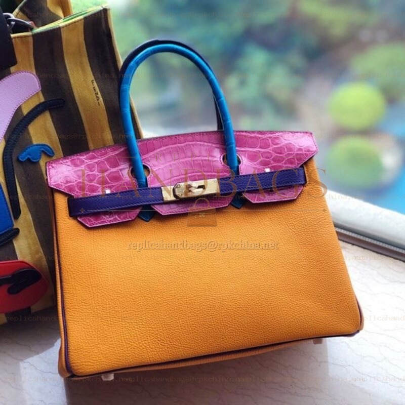 Replica Hermes Orange Pink Blue Crocodile Leather Birkin 30 Bag